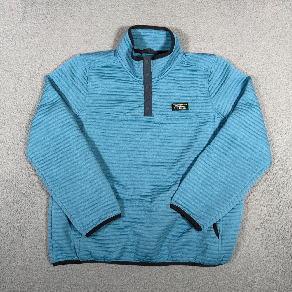LL Bean Sweater Womens Large Petite PL Blue Airlight Knit Pullover Snap Outdoor